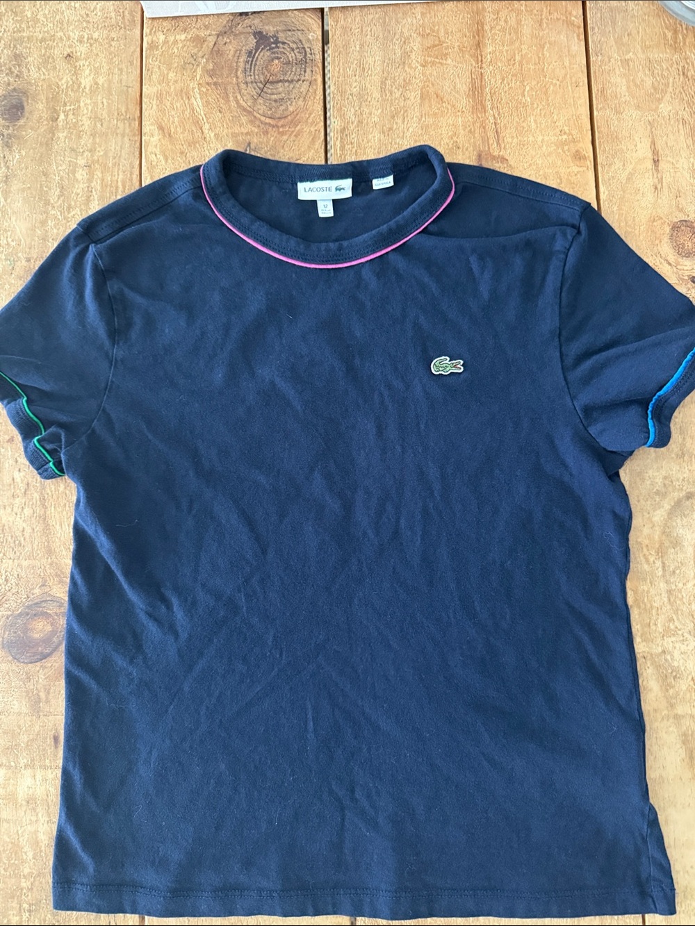 Lacoste Navy T-Shirt with Pink Neck Trim and Green Logo